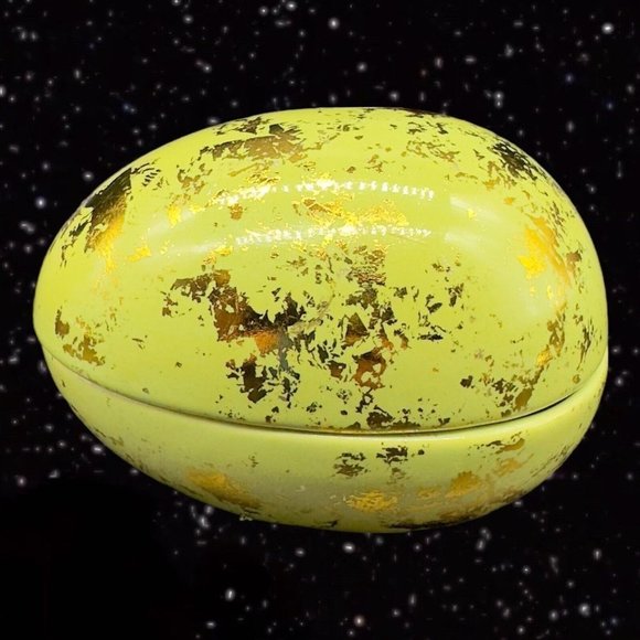 Ceramic Green Egg Shaped Trinket Box Jewelry Container w Gold Decor 5”W 3”T - Picture 1 of 10